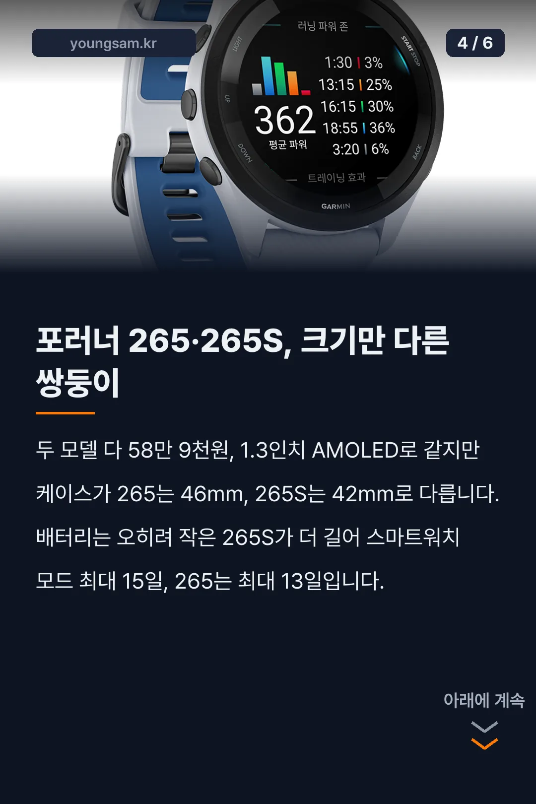 가민 포러너 시계 여러 대를 비교하는 카드뉴스 4